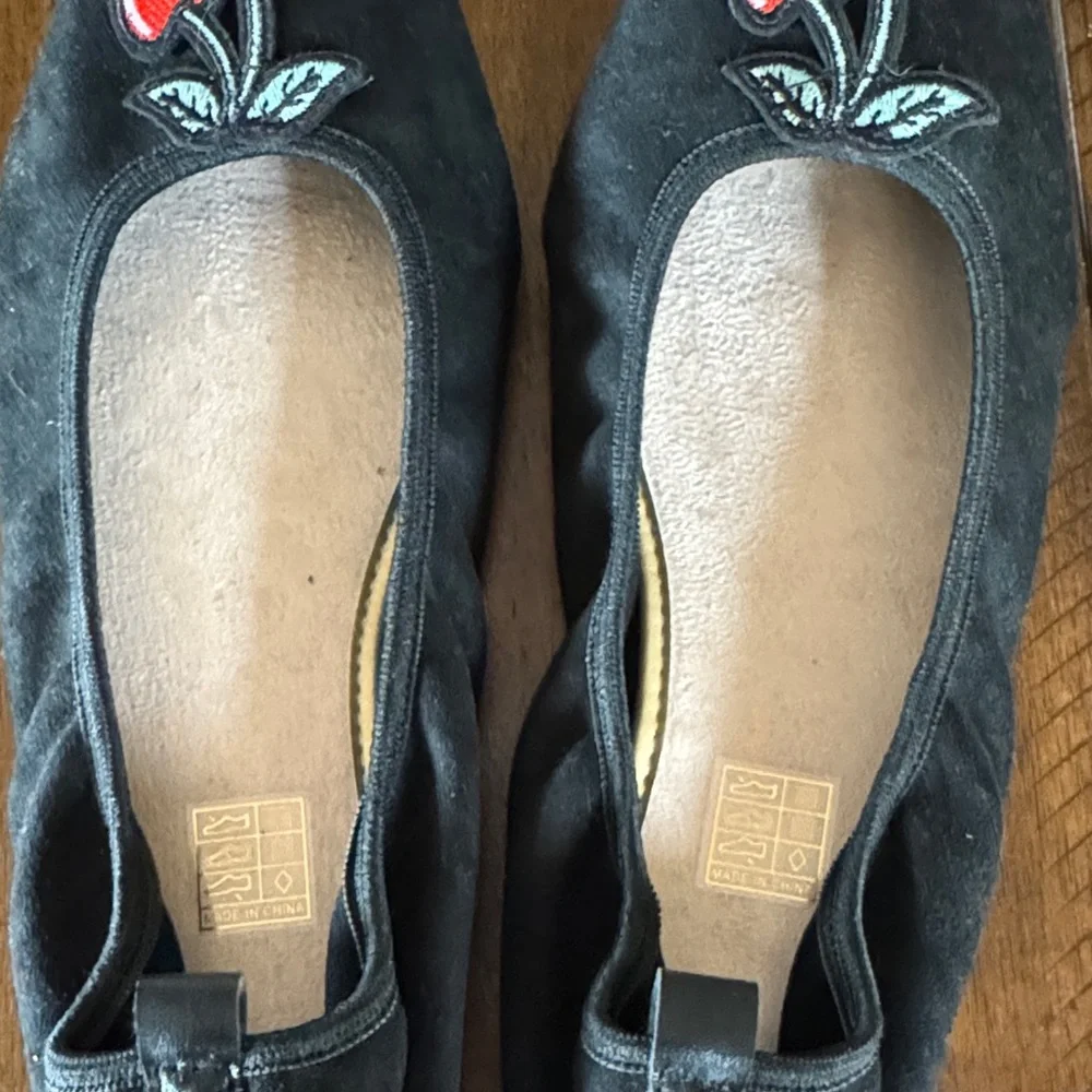 Chic Black Flats with Cherry Embroidery